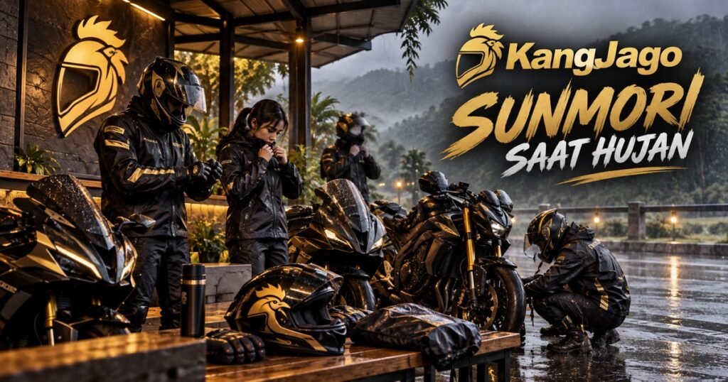 Rider KangJago menyiapkan perlengkapan untuk sunmori saat hujan