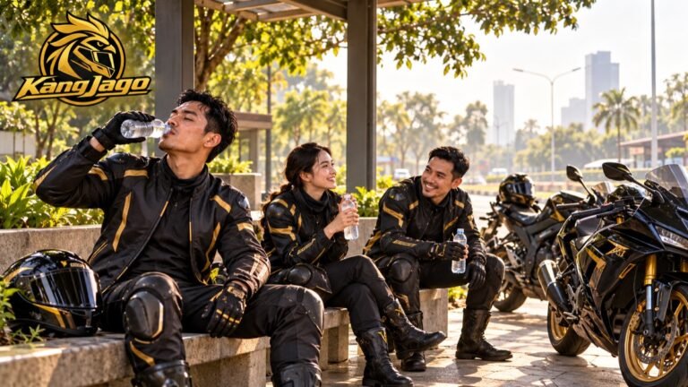Rider KangJago minum dan beristirahat di pit stop teduh saat sunmori Surabaya