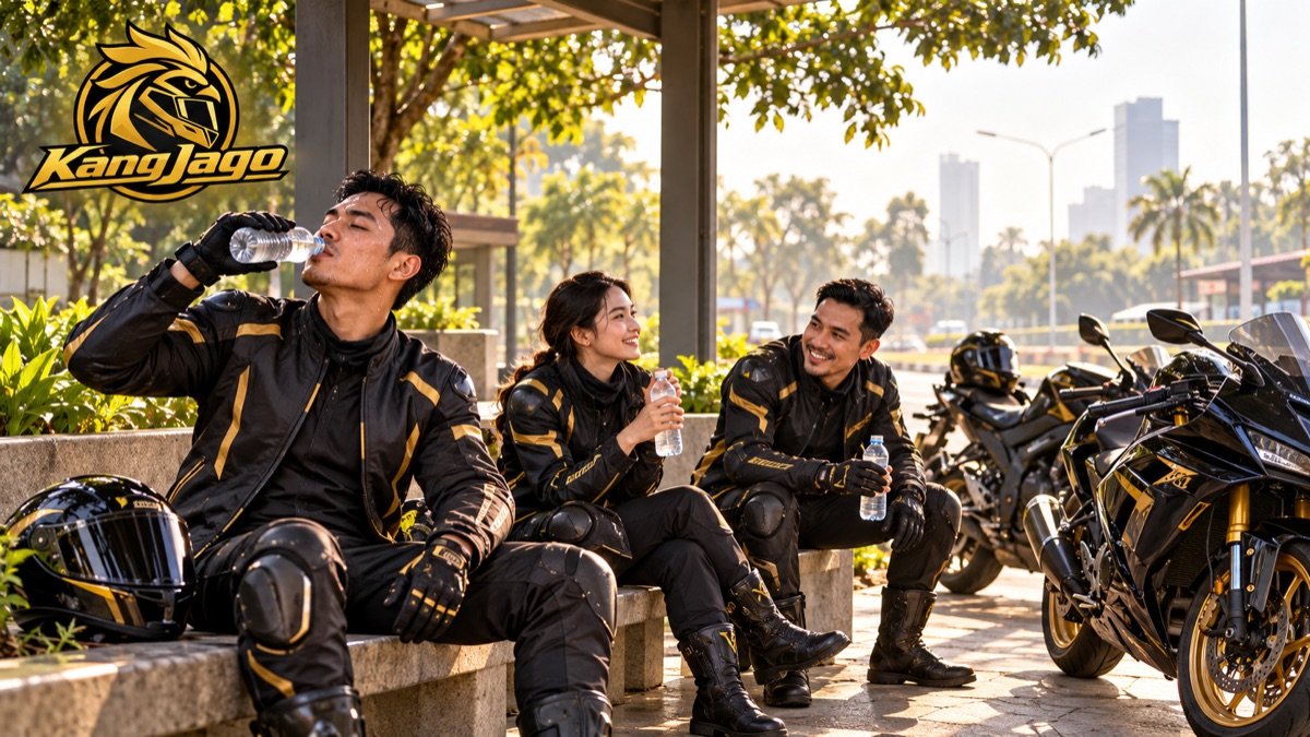 Rider KangJago minum dan beristirahat di pit stop teduh saat sunmori Surabaya