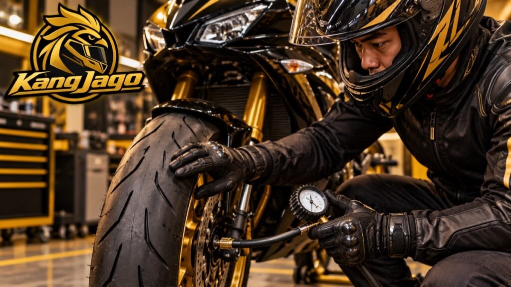 Rider KangJago memeriksa tekanan dan permukaan ban motor sport