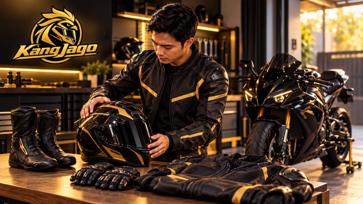 Helm sarung tangan dan perlengkapan sunmori KangJago tersusun di meja