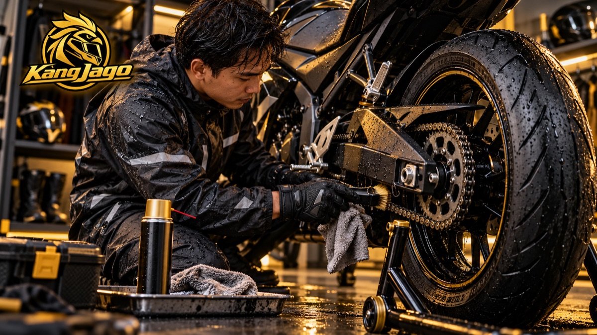 Rider KangJago membersihkan dan melumasi rantai motor setelah hujan