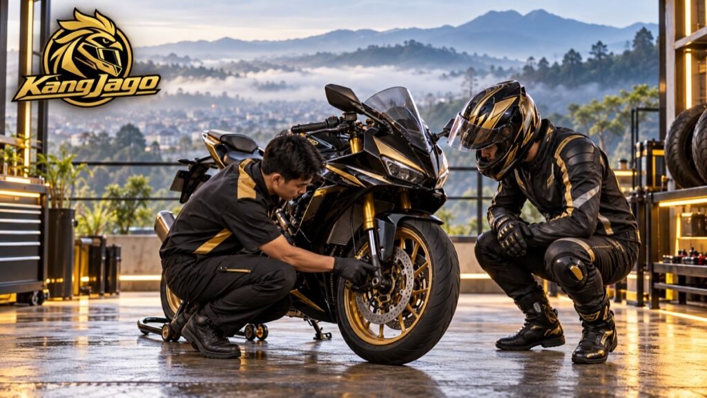 Rider KangJago memeriksa rem dan ban sebelum riding Bandung